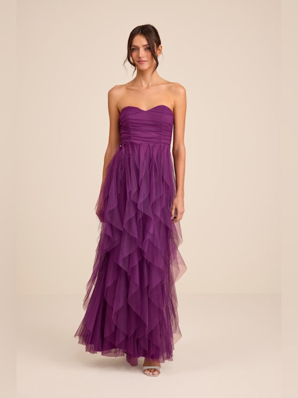 Lulus Delightful Beauty Plum Mesh Strapless Ruched Ruffled Maxi Dress New XS